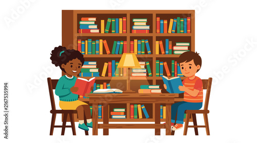 Vector illustration of two diverse children sitting at a wooden library table reading colorful books in front of a tall bookshelf filled with stacks of books, educational learning concept.