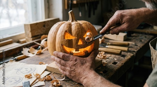 Craftsman carving a glowing wooden jack-o-lantern by hand in a workshop, creating a unique Halloween decoration with traditional woodworking tools.