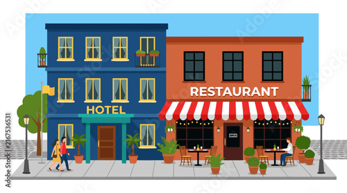 Flat Vector Illustration of a Charming City Street Featuring a Blue Hotel and a Red Restaurant Facade with Outdoor Cafe Seating, Striped Awnings, Potted Plants, and People Walking on Sidewalk.
