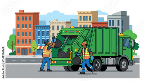 Two sanitation workers in bright orange safety vests loading black trash bags into a green garbage truck on a city street with buildings in the background, waste management vector illustration.