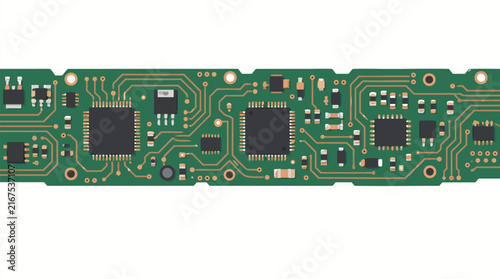 Seamless Horizontal Green Circuit Board Vector Illustration with Copper Traces, Microchips, and Electronic Components; Technical Motherboard Strip for Technology, Computing, and Digital Design.