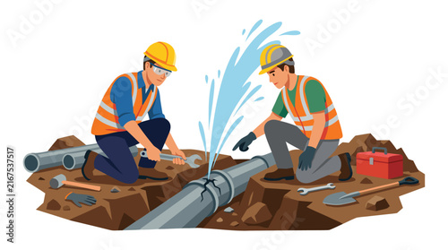 Two construction workers in hard hats and safety vests repairing a burst underground water pipe in a trench, maintenance team fixing a leaking pipe with tools, flat vector illustration.