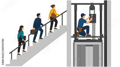 Flat Vector Illustration of a Mechanic Repairing a Broken Elevator Shaft with a Wrench While Office Workers and Business People Climb the Nearby Concrete Stairs in a Modern Office Building.