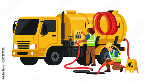Yellow Sewage Vacuum Truck with Two Workers in Safety Vests and Hard Hats Operating Red Hoses to Clean Underground Pipes and Manholes, Flat Vector Illustration of Industrial Waste Management.