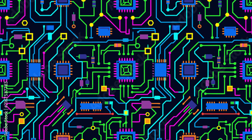 Seamless Vector Background of a Futuristic Electronic Circuit Board with Vibrant Neon Microchips and Geometric Pathways on Deep Black, Ideal for Cyberpunk, Tech, and Computing Design Concepts.