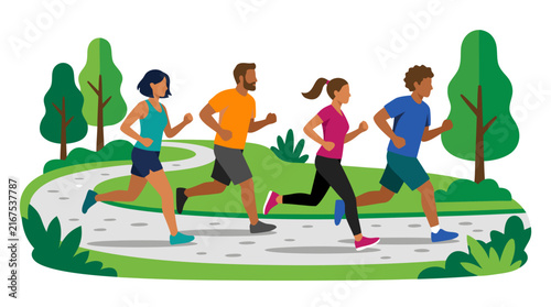 Diverse Group of Men and Women Jogging Together on a Winding Park Path Surrounded by Green Trees and Grass, Flat Vector Illustration Style for Healthy Lifestyle Concept, White Background.