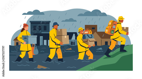 Rescue workers in yellow rain gear wading through deep floodwater carrying boxes and bags of relief supplies to higher ground during a heavy storm in a flooded city vector illustration.