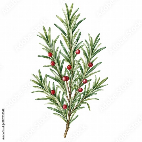 Sprig of Greenery with Red Berries Illustration