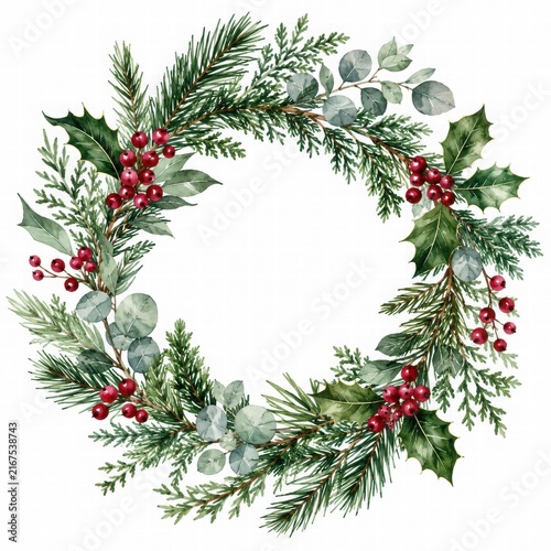 Festive Holiday Wreath with Greens and Berries