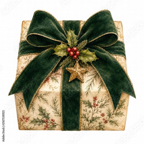 Elegant Gift Box with Holly and Ribbon Decoration