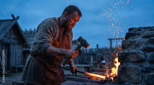 Naklejka norse blacksmith forging weapons