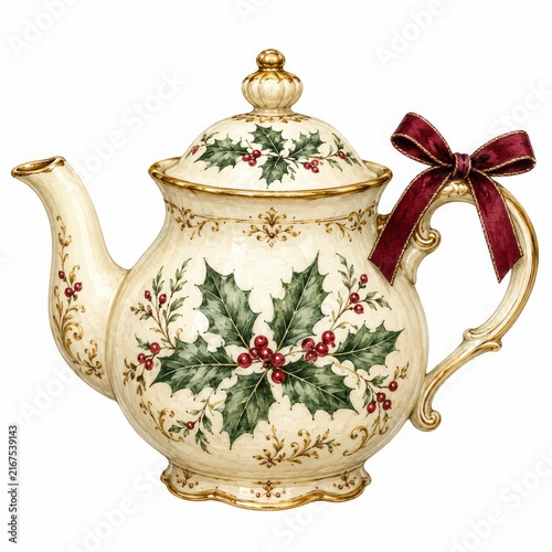Elegant Holiday Teapot with Holly and Bows