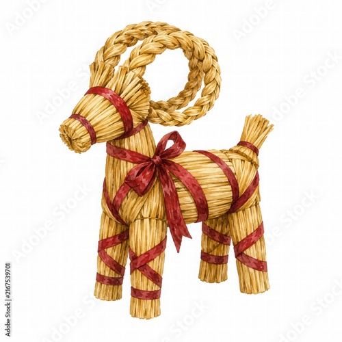 Rustic Straw Goat Decor with Red Ribbon Accents