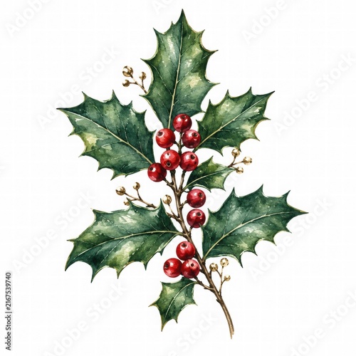 Holly Leaf and Berry Watercolor Illustration