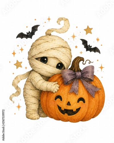 Cute Halloween Mummy with Pumpkin and Bats