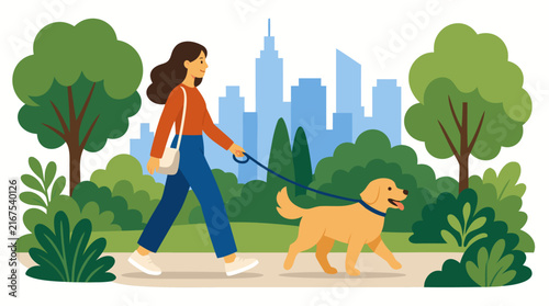 Vector illustration of a young woman walking a happy dog on a leash through a leafy green city park with a modern urban skyline background, concept of healthy lifestyle and pet care.