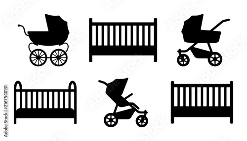 Baby Nursery Furniture and Stroller Silhouettes, Vector Icons for Childcare and Parenting Themes