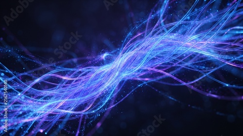Abstract glowing blue and purple energy waves flowing light particles and futuristic technology concept digital art background