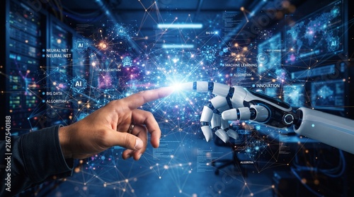 Human hand and robot finger touching symbolizing AI connection and future technology in a data center digital network background