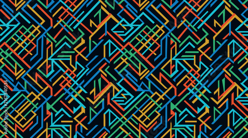 Seamless abstract geometric line pattern with vibrant neon orange, blue, green, and yellow intersecting angles on solid black background, vector design for wallpaper, textile, and graphic design use