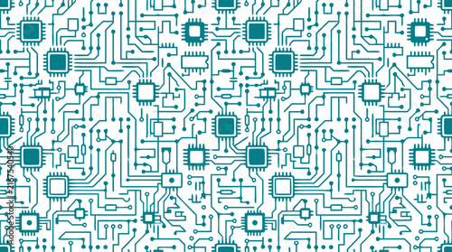 Seamless tileable teal circuit board pattern with microchip outlines, processor nodes, and traces on white background, flat vector tech design
