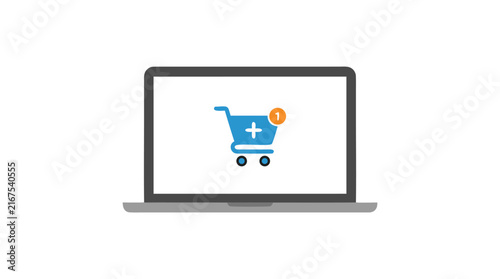 Minimalist Vector Illustration of a Laptop with an Online Shopping Cart Icon on the Screen, Featuring a Plus Sign and Notification Badge, Ideal for E-commerce and Digital Retail Concepts.