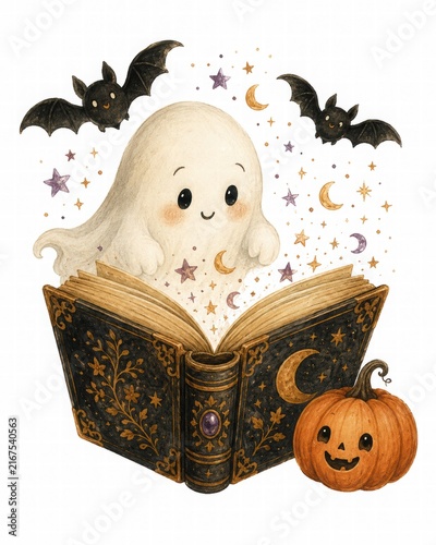 Cute Ghost and Halloween Scene Illustration