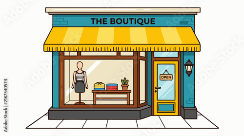 Charming Clothing Boutique Storefront Vector Illustration with a Bright Yellow Striped Awning, Mannequin in the Window Display, Folded Apparel on a Table, and an Open Sign on the Entrance Door