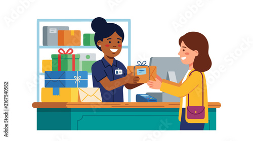 Flat Vector Illustration of a Smiling Female Postal Clerk Handing a Package to a Customer at a Post Office Counter with Stacked Parcels, Gift Boxes, and Mail on Shelves in the Background.