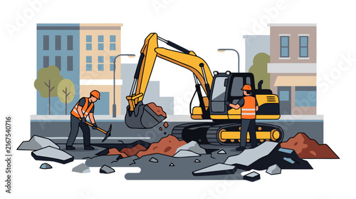 Construction workers in orange safety vests and hard hats repairing a torn-up urban street with a yellow excavator, digging dirt and rubble in a flat vector illustration of city roadwork.