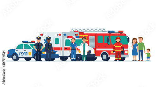 Emergency Services Team with Police Car, Ambulance, and Fire Truck, Featuring First Responders, Doctors, and Firefighters Standing with a Family, Flat Vector Illustration for Safety Concepts