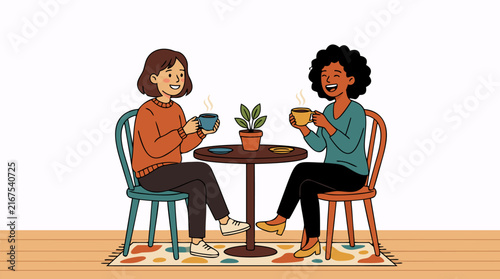 Two Diverse Female Friends Sitting at a Small Round Cafe Table Drinking Hot Coffee and Laughing Together, Cozy Flat Vector Illustration of Women Having a Conversation in a Minimalist Setting