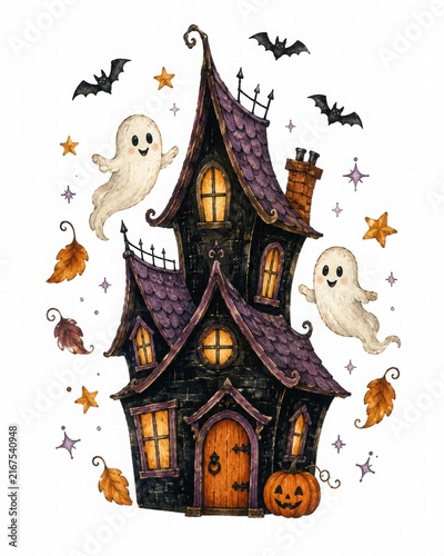 Whimsical Haunted House with Ghosts and Bats