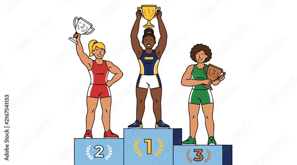 Obraz premium Three Diverse Female Athletes Celebrating Victory on a Winners Podium, Gold Silver and Bronze Medalists Holding Trophies High, Flat Vector Illustration Isolated on a Plain White Background.
