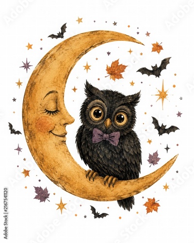 Owl and Moon Illustration with Autumn Elements