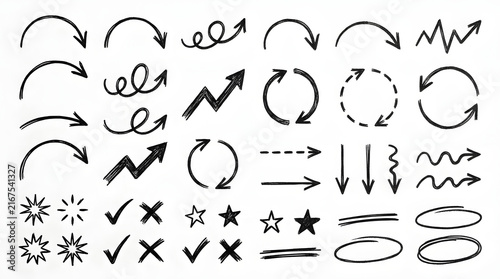 Hand drawn doodle arrows sketchy circles and checklist symbols set