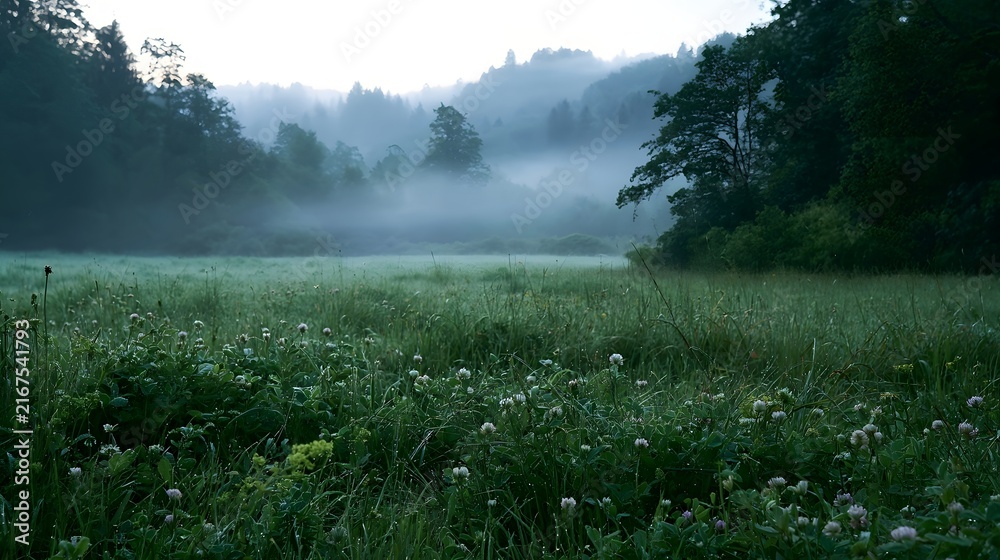 Obraz premium A misty morning in a lush green meadow with clover and tall grass surrounded by dense forested hills