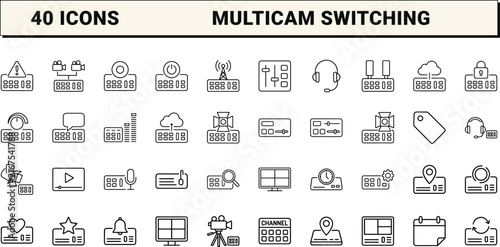 Video Switcher Multicam Web Icon Set in Linear Style. Collection of Broadcast Console line icons, including streaming, multiview, switching, production, broadcast, cabling.