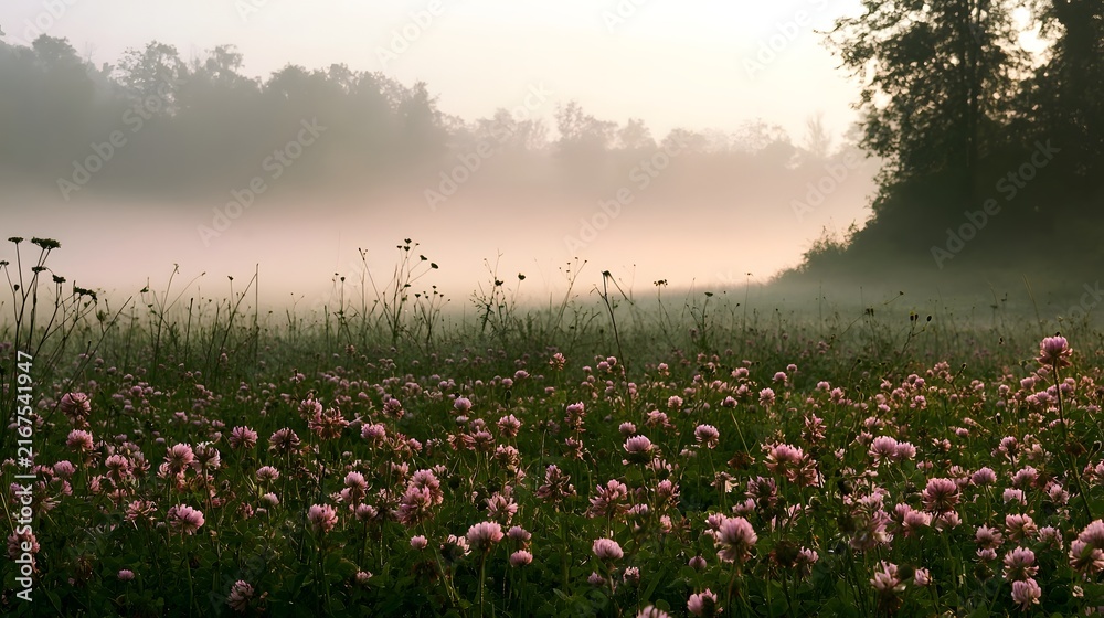Naklejka premium A misty morning over a field of pink clover flowers with trees in the distance under soft golden light