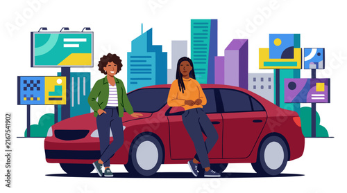 Two Confident Black Women Leaning Against a Red Sedan in a Stylized Urban City with Colorful Billboards and Skyscrapers; Modern Flat Vector Illustration of Female Friends and Car Ownership