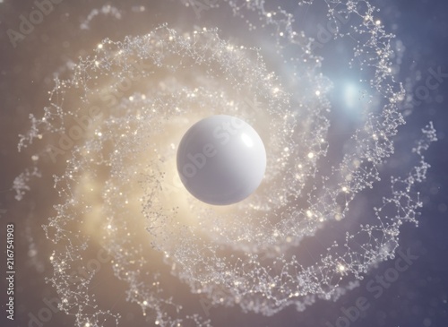 White sphere surrounded by a glowing spiral of interconnected particles in a cosmic setting