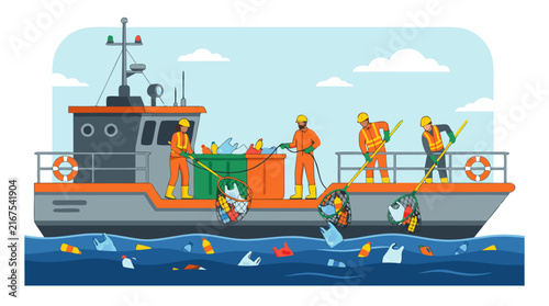 Environmental Workers on a Ship Deck Using Nets to Collect Floating Plastic Bags and Bottles from the Ocean, Marine Pollution Cleanup Operation Vector Illustration for Ecology and Conservation