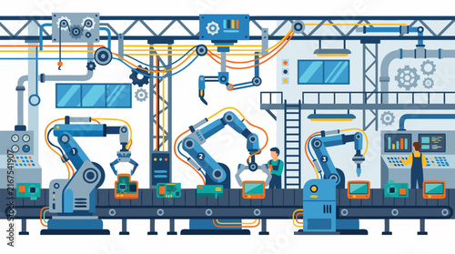 Industrial Automated Factory Assembly Line with Robotic Arms Manufacturing Electronic Components on a Conveyor Belt, Smart Manufacturing Plant with Workers, Control Panels, and Machinery.