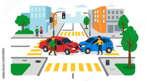 Flat Vector Illustration of a Car Accident at a City Intersection with Two Damaged Vehicles Collided on a Crosswalk and Drivers Stepping Out to Inspect the Crash Scene in a Modern Urban Setting.