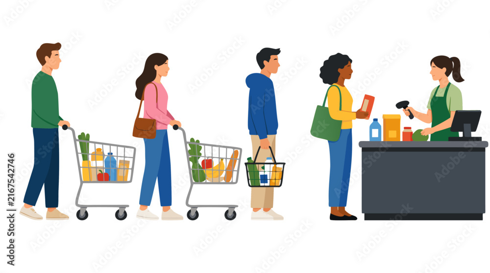 Fototapeta premium Diverse adult shoppers standing in orderly line at supermarket checkout counter with shopping carts filled with groceries while cashier scans products