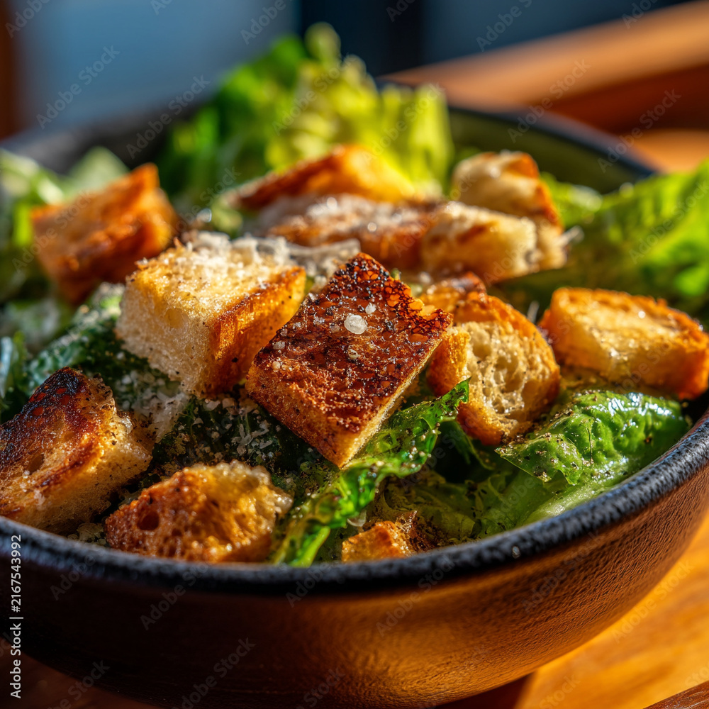 Fototapeta premium Fresh caesar salad bowl with crisp romaine lettuce and toasted golden croutons