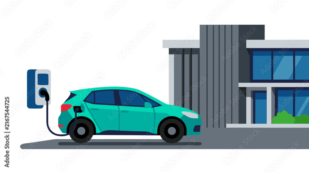 Fototapeta premium Teal Electric Vehicle Plugged into a Wallbox Charging Station Beside a Modern Minimalist Building. Flat Vector Illustration of Eco-Friendly Transport, Sustainable Energy, and EV Infrastructure.