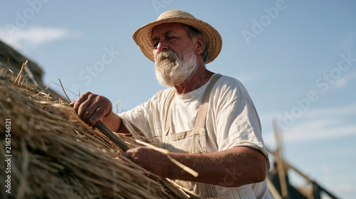 A thatcher weaving straw bundles onto a cottage roof under harsh midday sun references printed logistics analytics charts tucked in his tool belt, blending centuries-old rural
