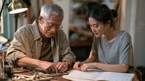 An elderly umbrella repair craftsman and his adult daughter huddle under candlelight at a wooden worktable fixing broken canopy frames, open shipping manifests beside them