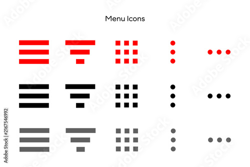 Set of red, black, and gray menu navigation icons including hamburger, bento, kebab, meatballs. Collection of symbols for websites, apps, UI design, dashboards, and navigation. Isolated PNG